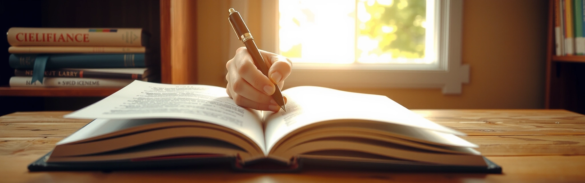 Libro abierto y persona escribiendo, simbolizando conocimiento y aprendizaje.