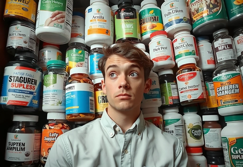 Una persona confundida mirando una pila de frascos de suplementos, simbolizando la idea errónea de 'cuanto más, mejor'.