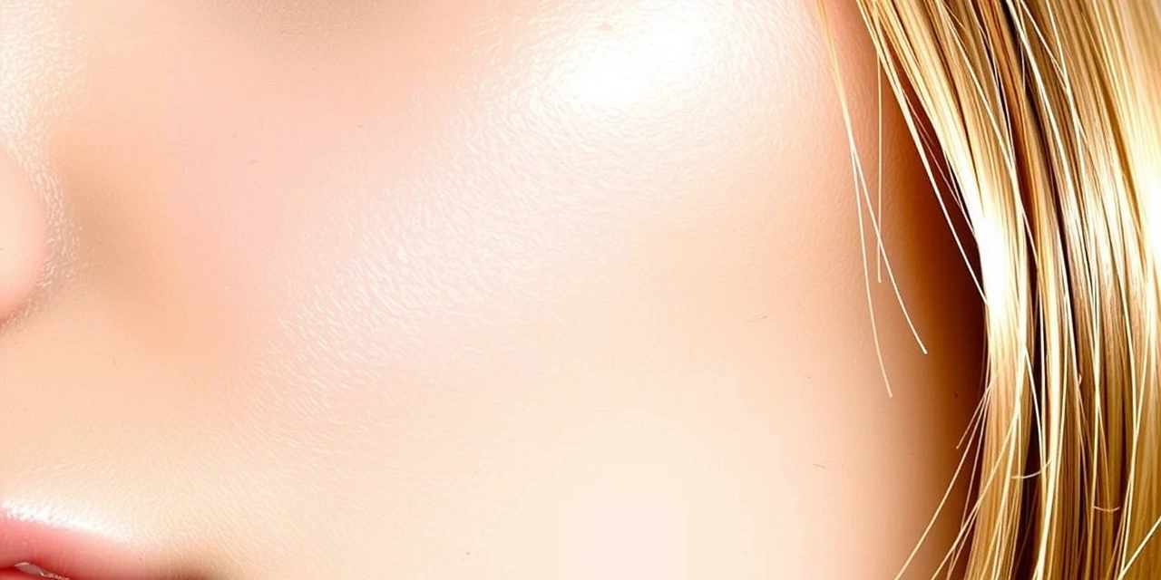Un primer plano de una piel sana y radiante con un ligero brillo, y un mechón de cabello fuerte y brillante, simbolizando la salud de la piel y el cabello.