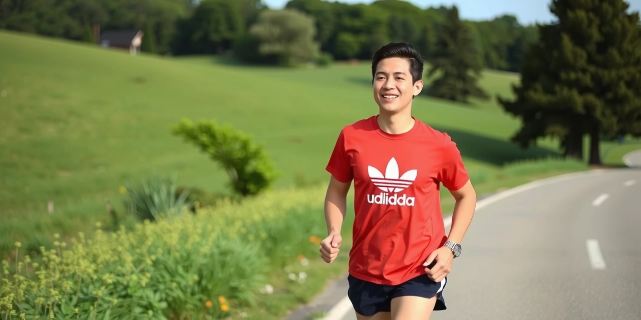 Una persona sonriente y enérgica corriendo al aire libre en un día soleado, con un paisaje verde de fondo, simbolizando vitalidad y bienestar.