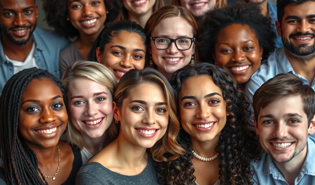 Grupo de personas sonrientes y saludables, con piel y cabello radiantes.